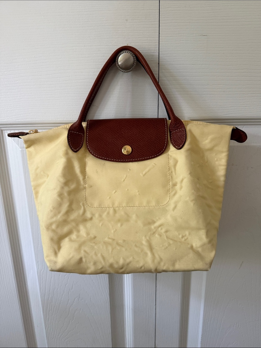 Longchamp Small Tote in yellow Nylon with Brown Leather Trim
